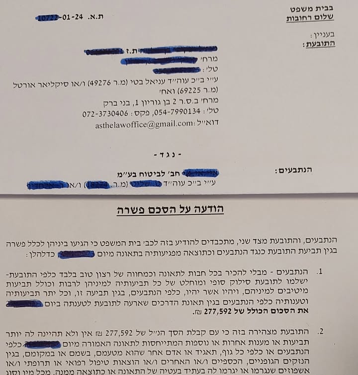 הצלחה: 277,592 ₪ - תאונת דרכים